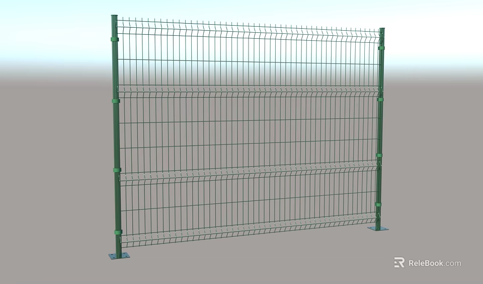 Green Metal Fence with Grid Design and Sturdy Green Posts Base 3d model 