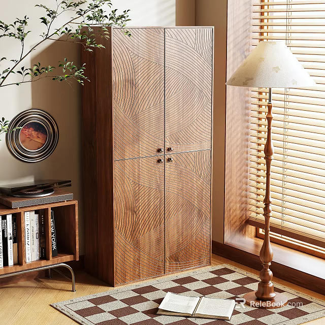Modern Wooden Wardrobe With Double Door Design In Bright Room And Natural Light 3d model 