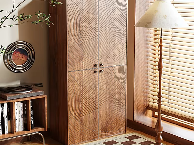 Modern Wooden Wardrobe With Double Door Design In Bright Room And Natural Light 3d model
