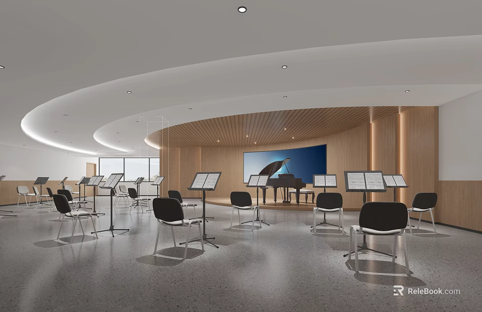 Bright School Music Classroom Featuring Piano Chairs Large Screen Wooden Walls And Curved Ceiling 3d model 
