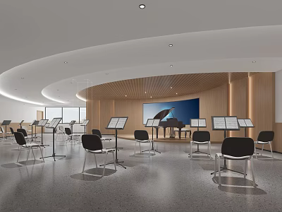 Bright School Music Classroom Featuring Piano Chairs Large Screen Wooden Walls And Curved Ceiling 3d model
