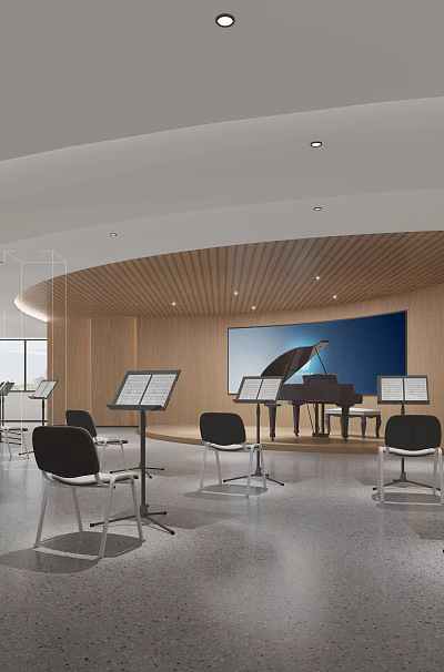 Bright School Music Classroom Featuring Piano Chairs Large Screen Wooden Walls And Curved Ceiling 3d model