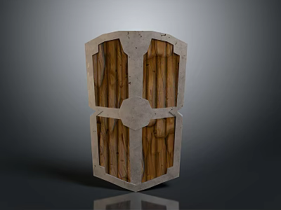 Medieval Shield With Wooden Panels Stone Frame And Cross Decorative Pattern 3d model