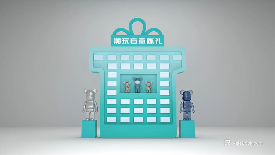 Blue Display Shelf with Trendy Toys Blind Boxes and Robot Models 3d model