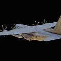 Silver Military Transport Aircraft With Four Propeller Engines Flying In Dark Sky