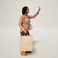 Woman Waving Hand Carrying Shopping Bags In Casual Outfit And Brown Shoes