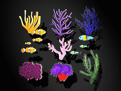 Colorful Marine Themed Wall Decor with Corals Fish and Seagrass 3d model