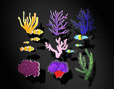 Colorful Marine Themed Wall Decor with Corals Fish and Seagrass 3d model