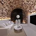 Cozy Hotel Room Interior Featuring Stone Arch Ceiling White Beds Built-in TV And Soft Lighting