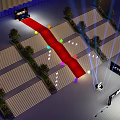Modern Grand Stadium Exterior With Curved Silver Structure Lighting Steps And Trees At Entrance