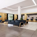 Modern Spacious Service Hall Interior With Blue Sofas White Columns And Wooden Counters 3d model