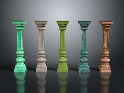 Classical Style Columns In Various Colors Arranged On Reflective Black Surface 3d model