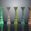 Classical Style Columns In Various Colors Arranged On Reflective Black Surface