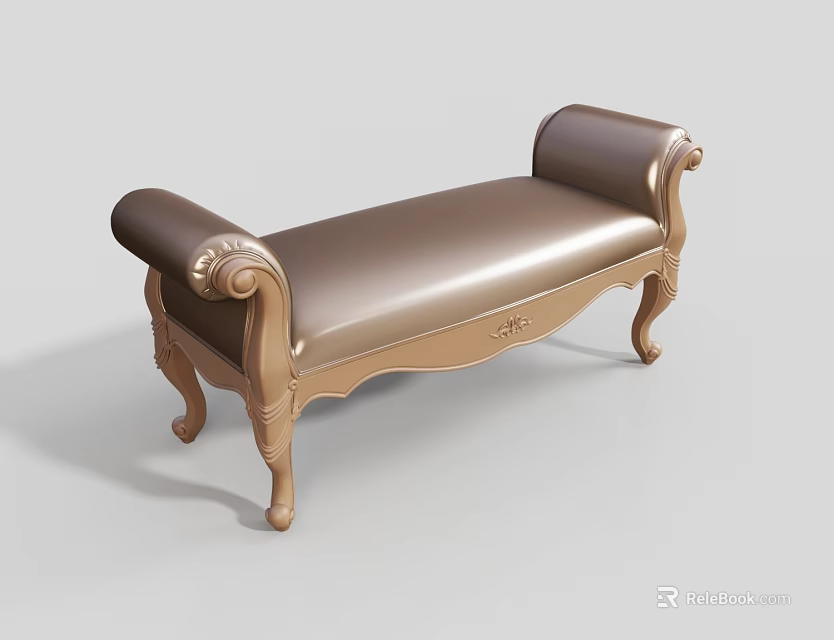 Elegant Classical Bench With Leather Upholstered Seat Carved Armrests And Curved Wooden Legs 3d model 