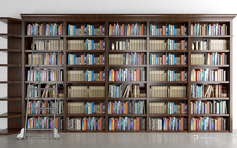 Large Dark Wooden Bookshelf with Many Shelves Filled with Various Colored Books and Small Ladder 3d model 
