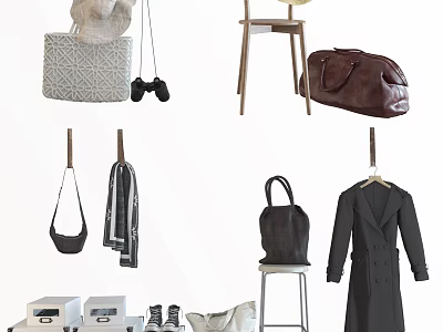 Stylish Hanging Clothes Collection With Leather Bags Shoes And Wooden Chairs 3d model