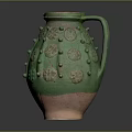 Ancient Ceramic Jug With Green Glaze Bulbous Decorations Circular Patterns And Terracotta Base
