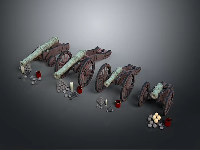 Vintage Cannon Models With Wooden Wheels Ammunition And Decorative Cups 3d model