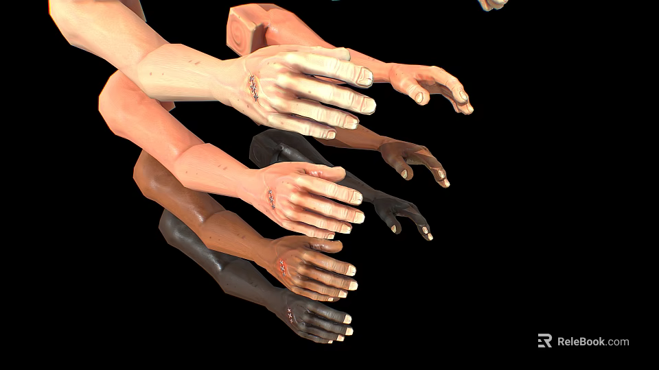 Man's Arms and Hands with Various Skin Tones Floating on Black Background 3d model 