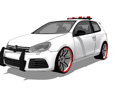 White Hatchback Car With Red Rims Black Front Bumper Guard And Roof Emergency Lights 3d model