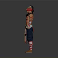 Man With Red Blindfold Tattoos On Upper Body Arm Wraps Blue Pants And Golden Belt