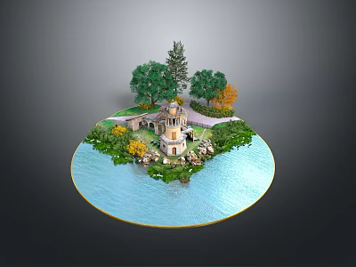 Picturesque Circular Scenic Landscape With Blue Water Tower Green Yellow Trees And Grass 3d model