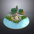 Picturesque Circular Scenic Landscape With Blue Water Tower Green Yellow Trees And Grass
