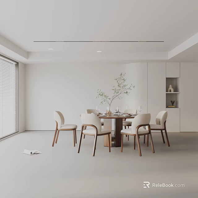 Modern Dining Table Set With Wooden Chairs And Decorative Plant In Interior 3d model 