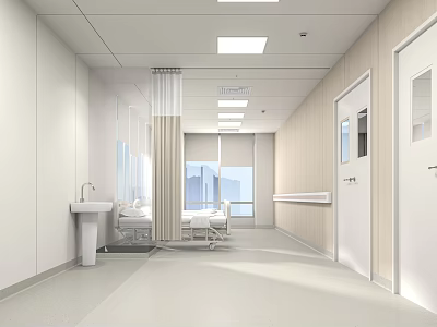 Clean Modern Hospital Ward Interior With Beds Sink Window Ceiling Lights And Doors 3d model