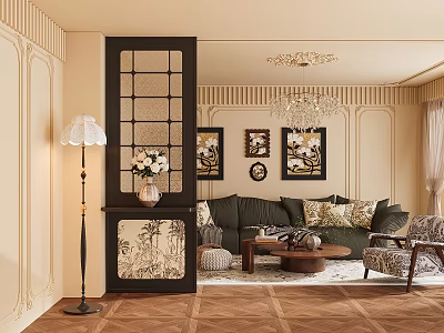 Black Glass Room Divider In Living Room With Green Sofa Paintings And Wooden Floor 3d model