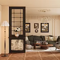 Black Glass Room Divider In Living Room With Green Sofa Paintings And Wooden Floor