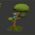 Cute Koala Game Character Climbing On Tree With Green Canopy Orange Trunk And Grass Base
