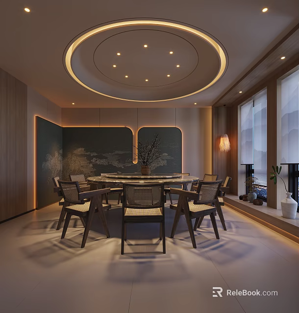 Elegant Private Dining Room Interior With Round Table Circular Lighting And Wooden Walls 3d model 