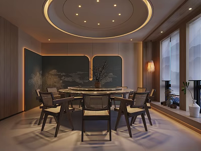 Elegant Private Dining Room Interior With Round Table Circular Lighting And Wooden Walls 3d model