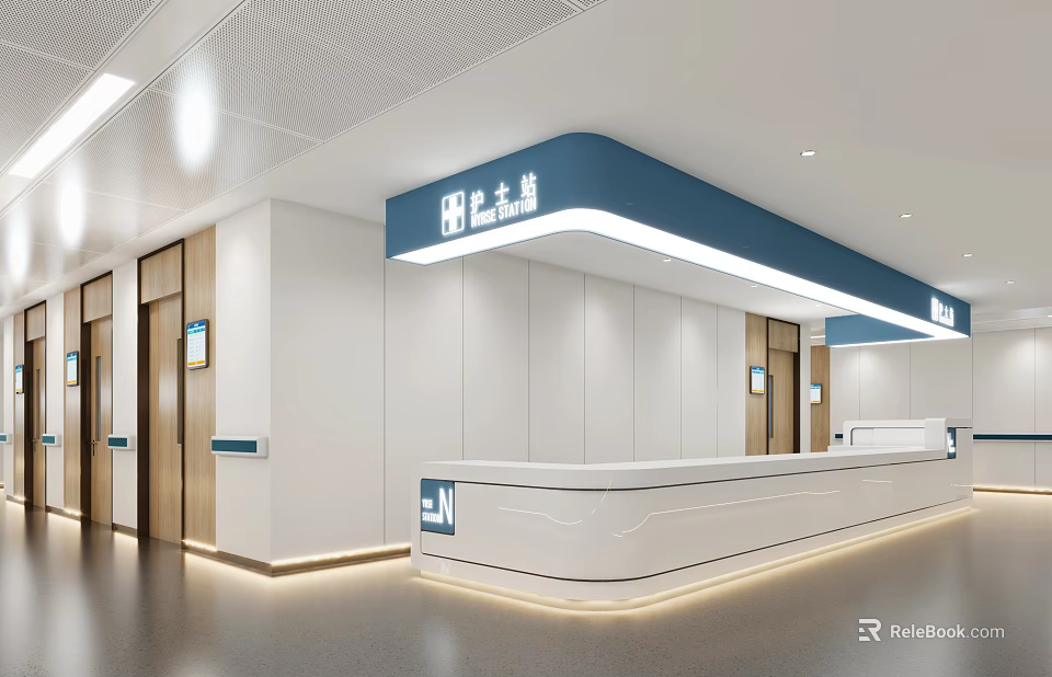 Hospital Outpatient Clinic Lobby With White Walls Blue Accents Reception Desk Wooden Doors Bright Lighting 3d model 
