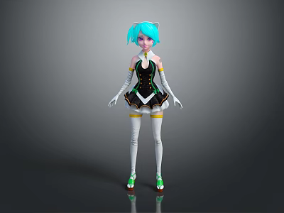 Anime Character With Cat Ears Turquoise Hair Black Dress White Thigh High Socks Green Shoes 3d model