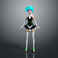 Anime Character With Cat Ears Turquoise Hair Black Dress White Thigh High Socks Green Shoes