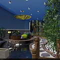 Serene Hotel Guest Room With Blue Walls Round Bed Green Bamboo And Small Water Pool