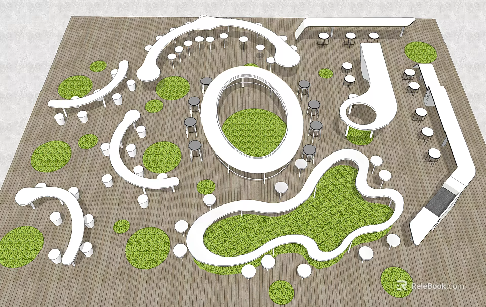 Modern Outdoor Leisure Space With Curved Table Chair Combinations And Green Lawn Areas 3d model 