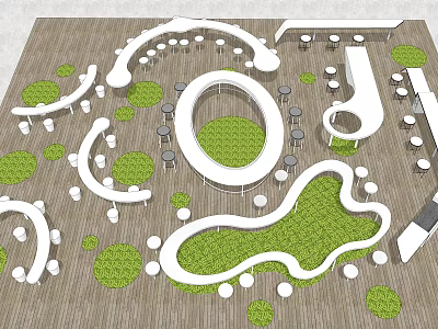 Modern Outdoor Leisure Space With Curved Table Chair Combinations And Green Lawn Areas 3d model