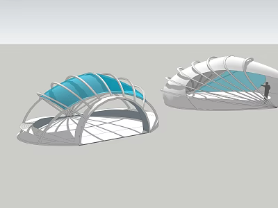 Modern Garden Landscape Design With Arched Blue Canopy And White Frame Structure 3d model