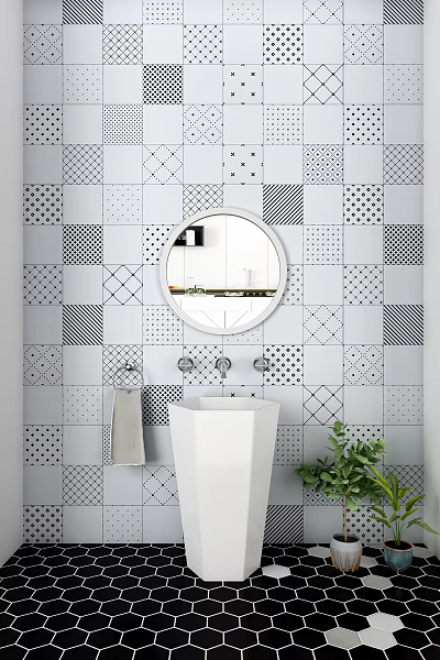 White Bathroom Sink With Round Mirror Black White Geometric Tile Wall And Green Plant 3d model