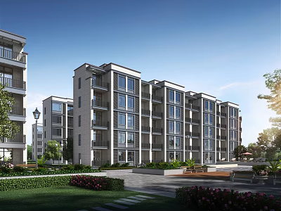 Modern Residential Building with Glass Facade Green Lawn Flower Beds and Benches Under Clear Sky 3d model