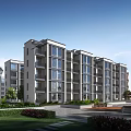 Modern Residential Building with Glass Facade Green Lawn Flower Beds and Benches Under Clear Sky