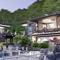 Chinese Style Scenic Wall In Traditional Garden With Rockery Pavilion And Clouds
