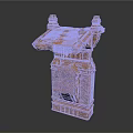 Ancient Stone Architectural Component With Weathered Texture Carvings Roof Like Top And Small Towers
