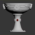 Silver Metal Goblet Shaped Sculpture Carving With Intricate Decorative Details And Red Gemstones On Base