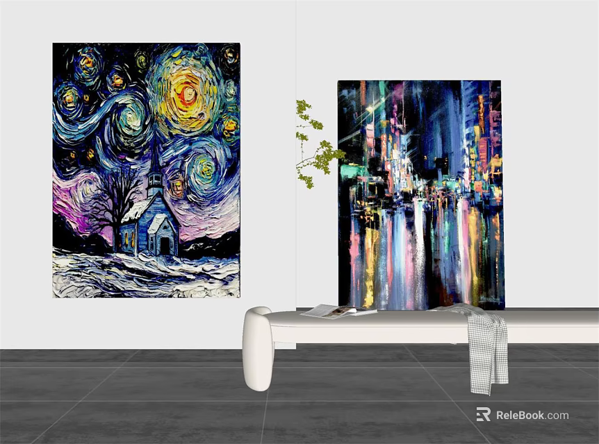 Two Oil Paintings With Starry Sky Church Trees And City Night Buildings Lights Reflections 3d model 