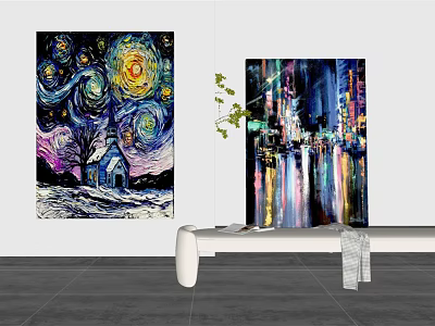 Two Oil Paintings With Starry Sky Church Trees And City Night Buildings Lights Reflections 3d model