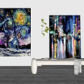 Two Oil Paintings With Starry Sky Church Trees And City Night Buildings Lights Reflections